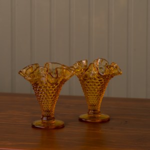 Vintage Amber Hobnail Fluted Vase Set